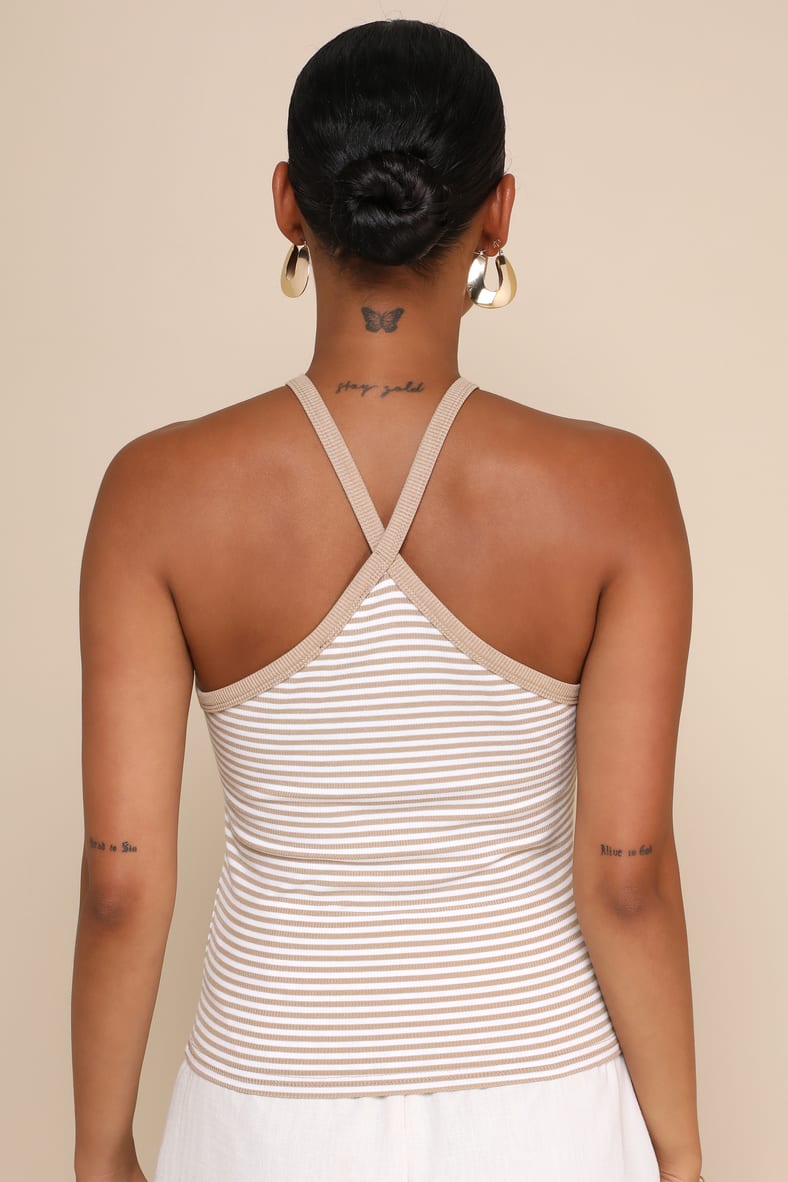 Delightful Pose Beige Striped Ribbed Knit Keyhole Halter Top