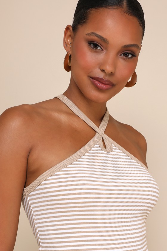 Lulus Delightful Pose Beige Striped Ribbed Knit Keyhole Halter Top In Beige