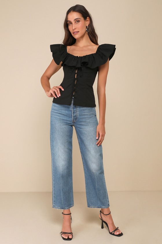 Flirty Ruffled Top - Flutter Sleeve Top - Black Lace-Up Top - Lulus