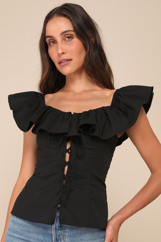 Lulus Incredibly Gorgeous Black Ruffled Lace-up Flutter Sleeve Top In Black