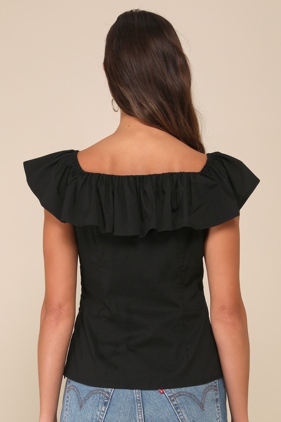 Lulus Incredibly Gorgeous Black Ruffled Lace-up Flutter Sleeve Top In Black