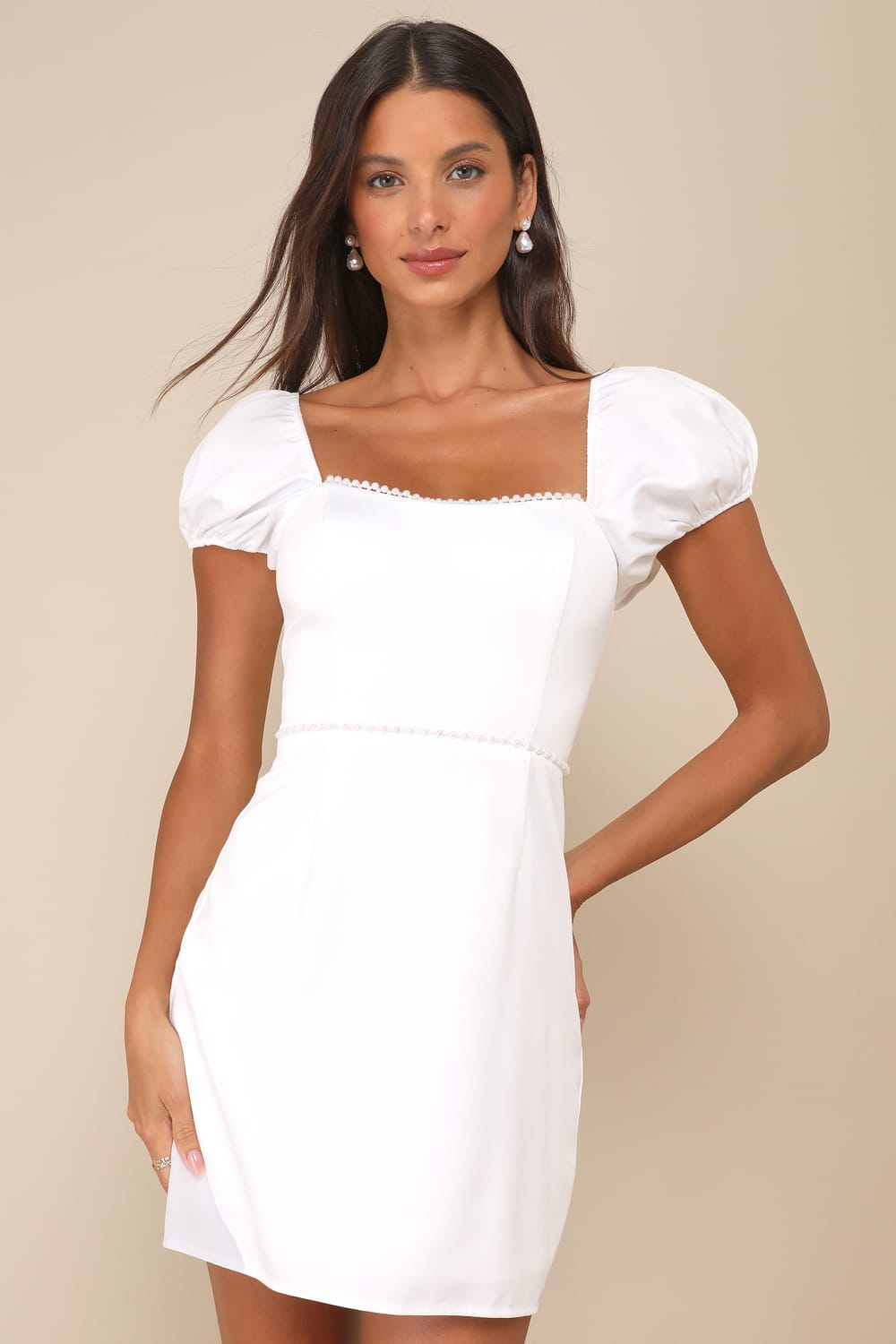 Adorable Poise White Pearl Puff Sleeve Mini Dress