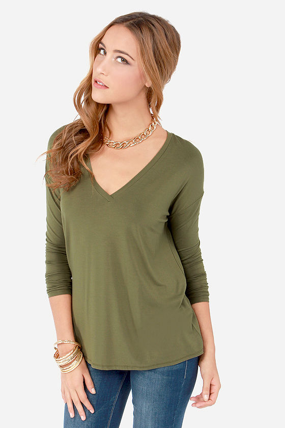 Cute Olive Green Top - Long Sleeve Top - V Neck Top - $36.00 - Lulus