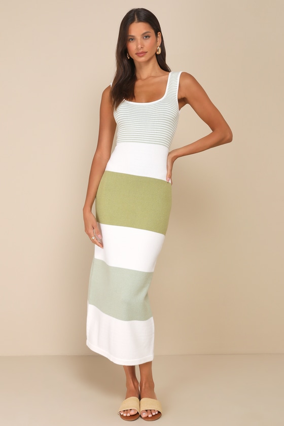 Easily Gorgeous Ivory and Sage Green Striped Midi Sweater Dress 5