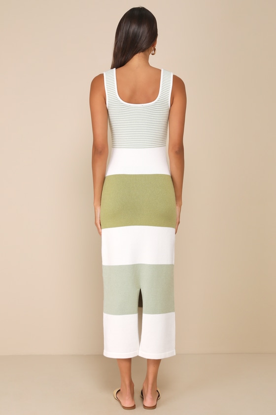 LULUS EASILY GORGEOUS IVORY AND SAGE GREEN STRIPED MIDI SWEATER DRESS
