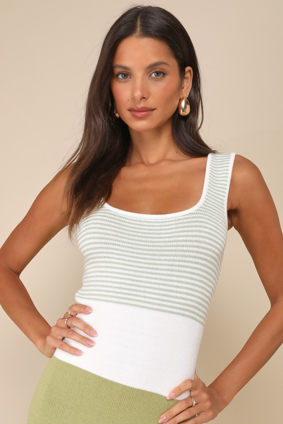 LULUS EASILY GORGEOUS IVORY AND SAGE GREEN STRIPED MIDI SWEATER DRESS