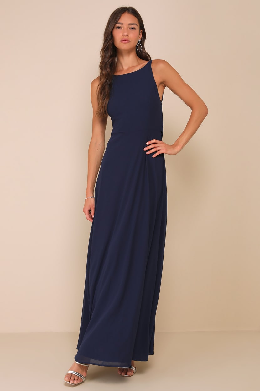 Navy Chiffon Dress - Boat Neck Maxi Dress - Backless Maxi Dress - Lulus