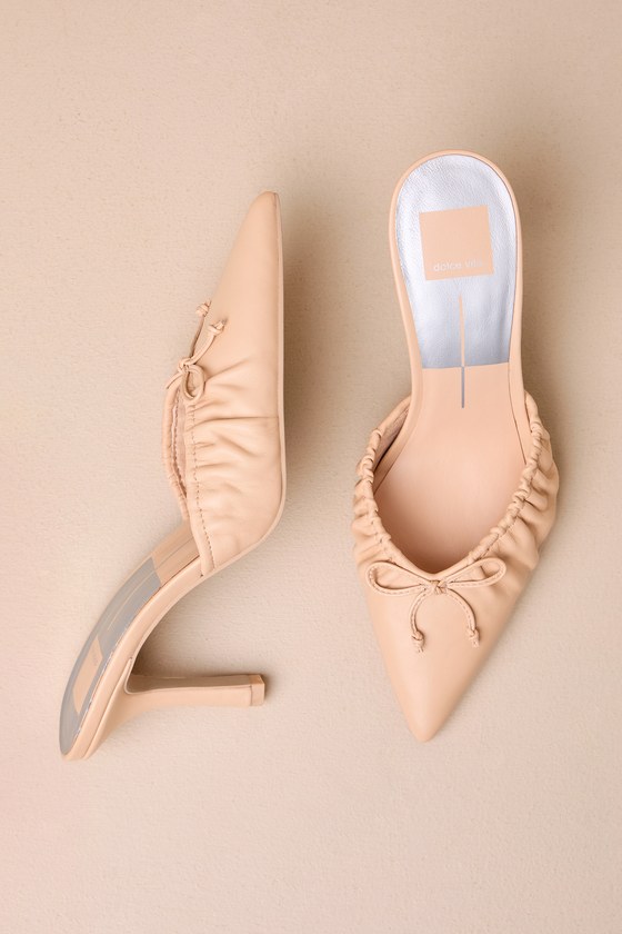Dolce Vita Kairi French Vanilla Leather Bow Pointed-toe High Heel Mules In Beige