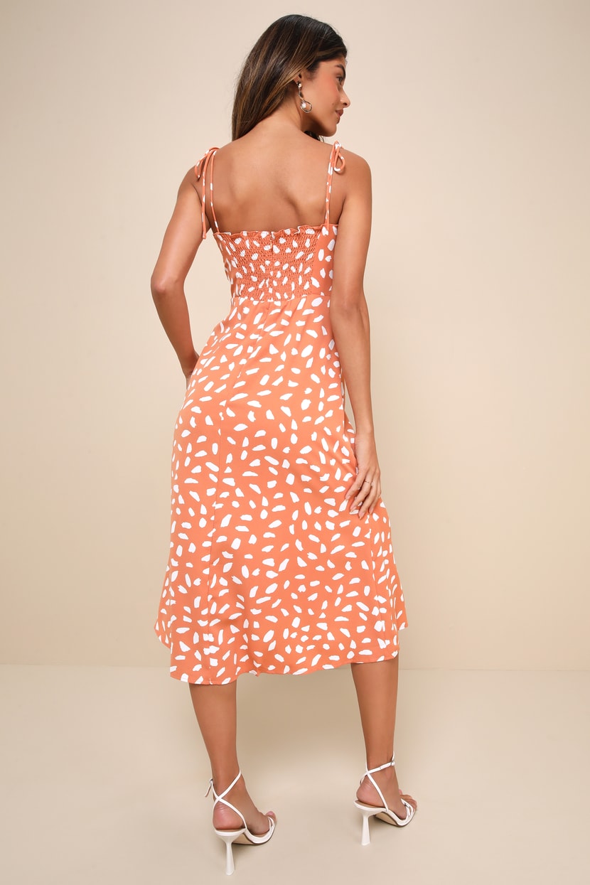 Party in Paris Light Orange Print Tie-Strap Midi Dress