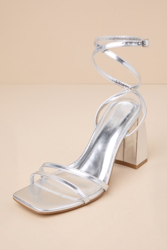 Lulus Tinslie Silver Metallic Strappy High Heel Sandals