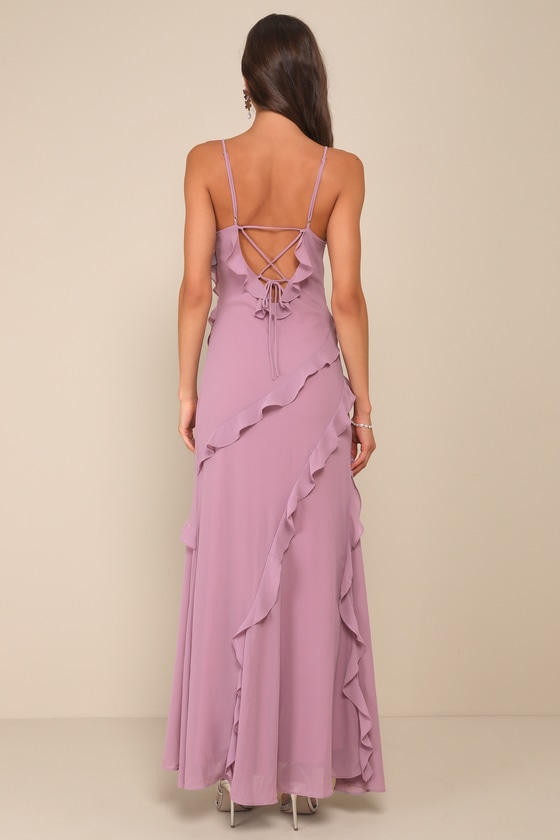 Lulus Fancy Sweetness Lavender Ruffled Lace-up Sleeveless Maxi Dress In Purple