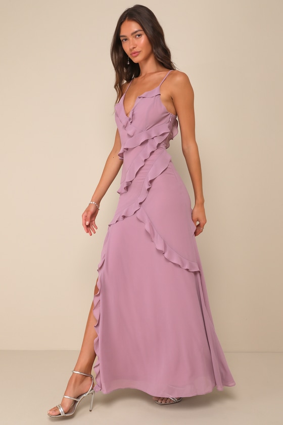 Lulus Fancy Sweetness Lavender Ruffled Lace-up Sleeveless Maxi Dress In Purple
