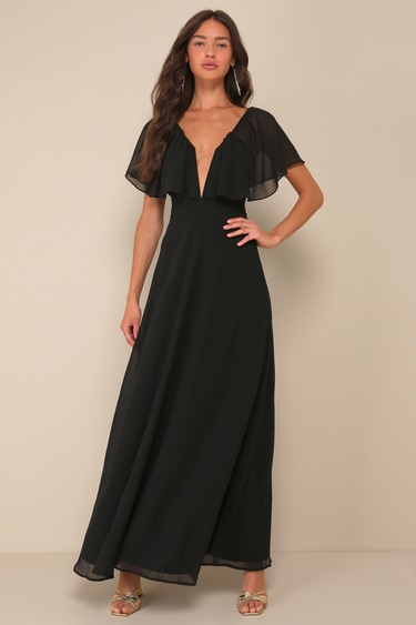 Stunning Demeanor Black Flutter Sleeve Backless Maxi Dress