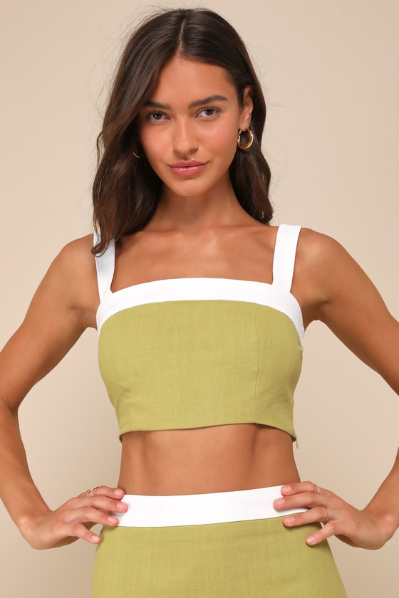 4TH & RECKLESS ELIAN GREEN AND WHITE COLOR BLOCK CROPPED TANK TOP 