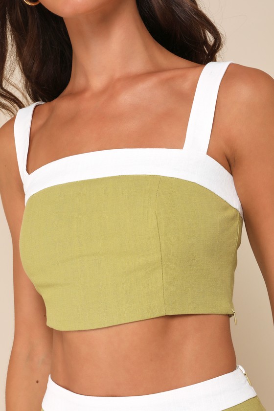 4TH & RECKLESS ELIAN GREEN AND WHITE COLOR BLOCK CROPPED TANK TOP 