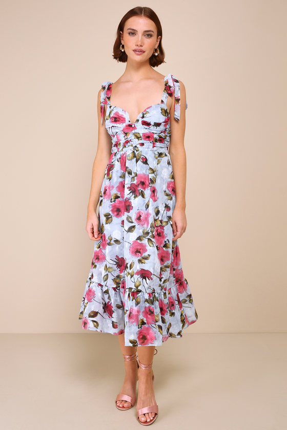 Lulus Lush Loveliness Light Blue Floral Jacquard Tie-strap Midi Dress In Light Blue