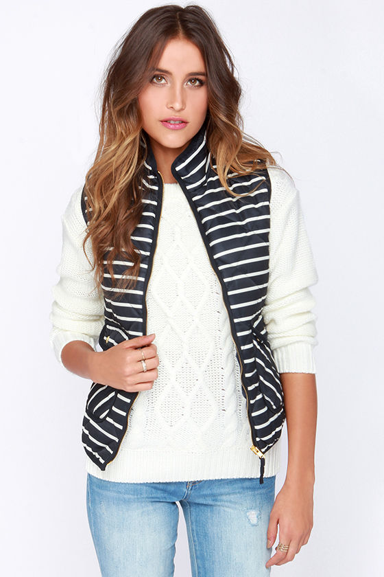 Cute Navy Blue Vest Puffer Vest Striped Vest 61.00 Lulus