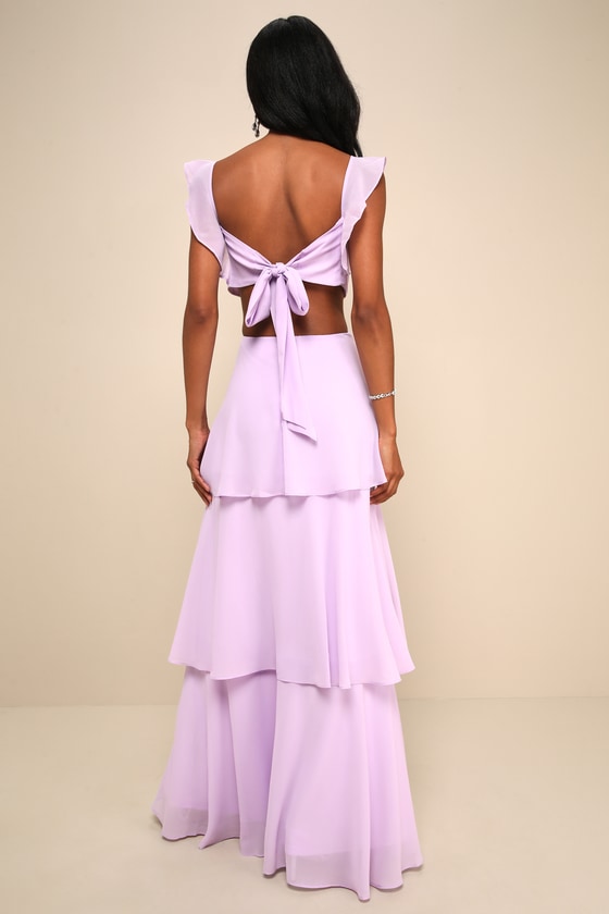 Lulus Elegant Event Lavender Ruffled Tie-back Tiered Maxi Dress In Purple