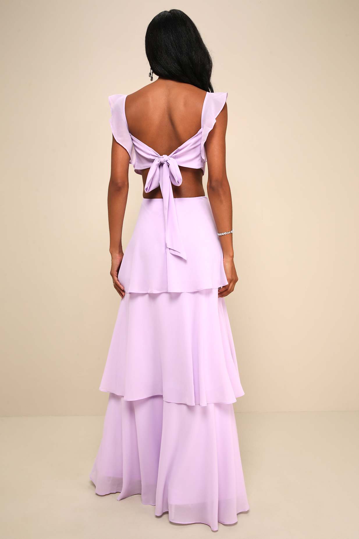 Elegant Event Lavender Ruffled Tie-Back Tiered Maxi Dress