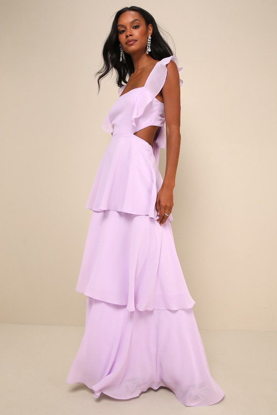 Lulus Elegant Event Lavender Ruffled Tie-back Tiered Maxi Dress In Purple