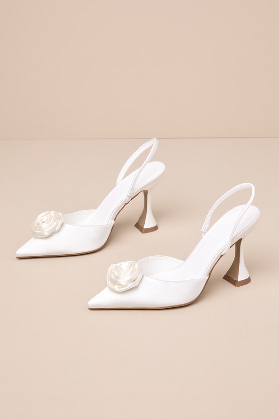 Palani White Satin Rose Pointed-Toe Slingback Pumps 1