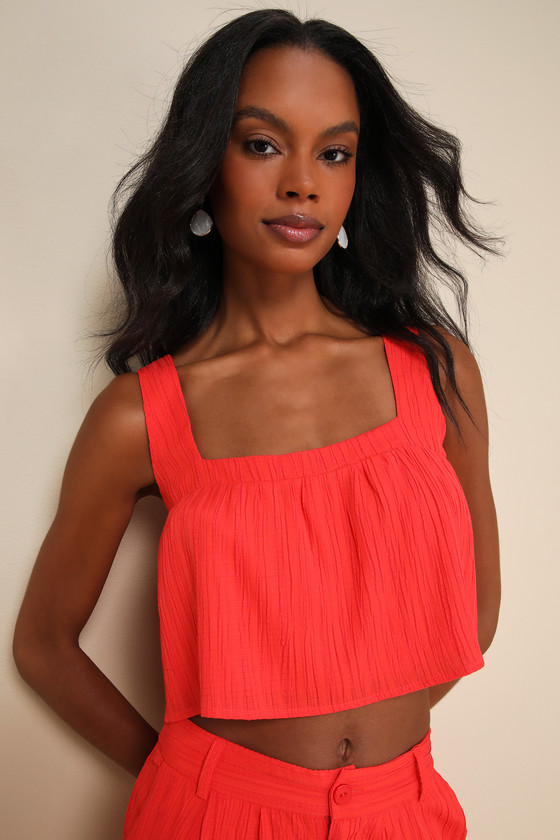 LULUS COOLEST ALLURE CORAL RED TEXTURED SQUARE NECK CROPPED TANK TOP 
