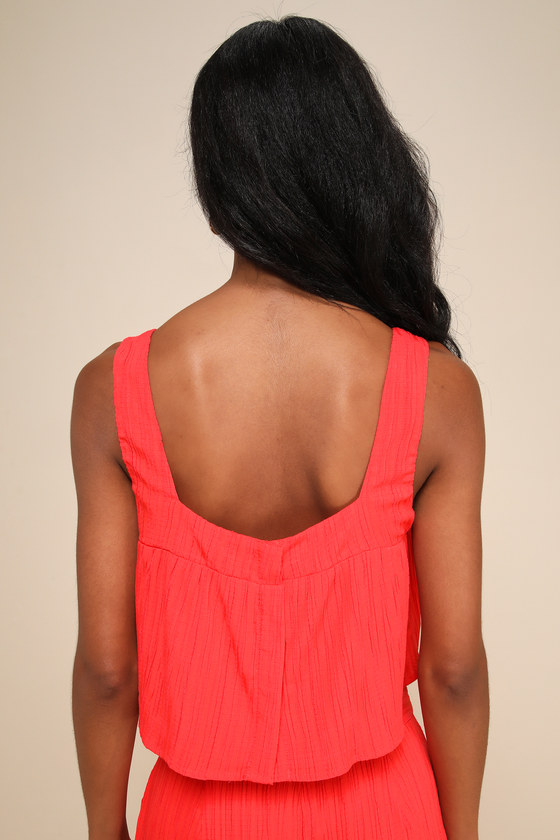 LULUS COOLEST ALLURE CORAL RED TEXTURED SQUARE NECK CROPPED TANK TOP 
