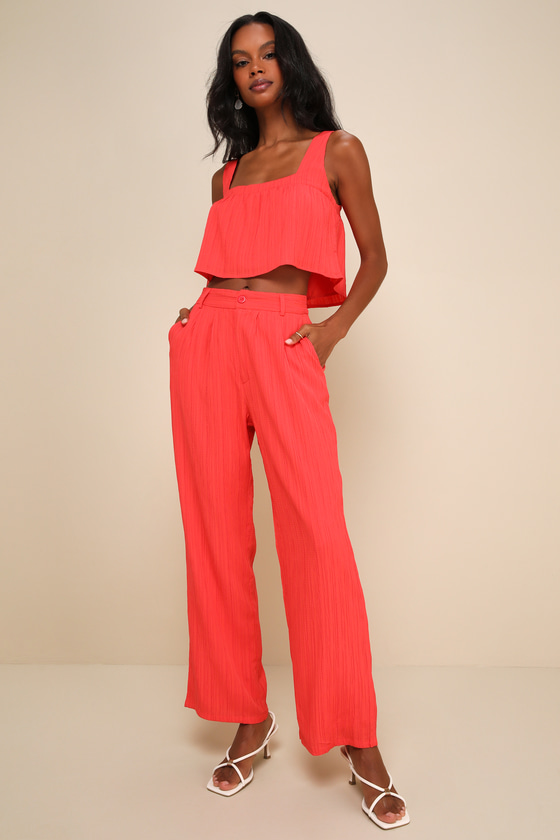 LULUS COOLEST ALLURE CORAL RED TEXTURED HIGH-RISE WIDE-LEG PANTS