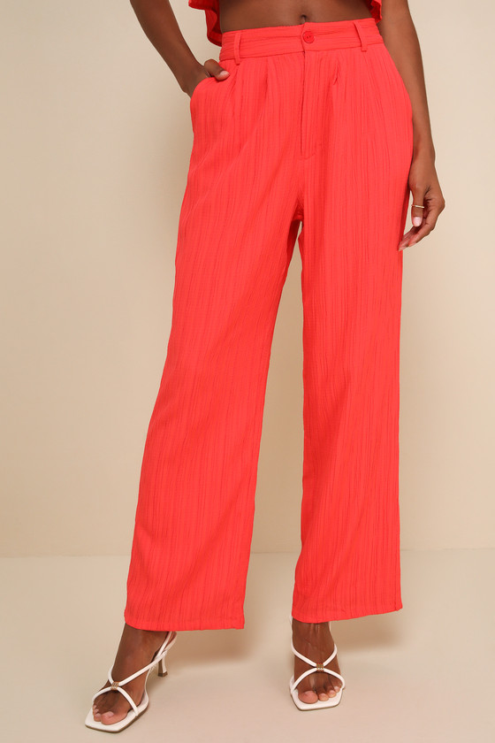 LULUS COOLEST ALLURE CORAL RED TEXTURED HIGH-RISE WIDE-LEG PANTS