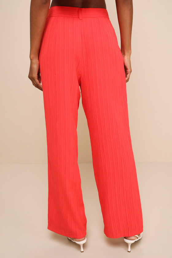 LULUS COOLEST ALLURE CORAL RED TEXTURED HIGH-RISE WIDE-LEG PANTS