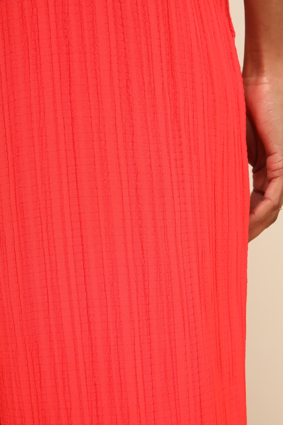 LULUS COOLEST ALLURE CORAL RED TEXTURED HIGH-RISE WIDE-LEG PANTS