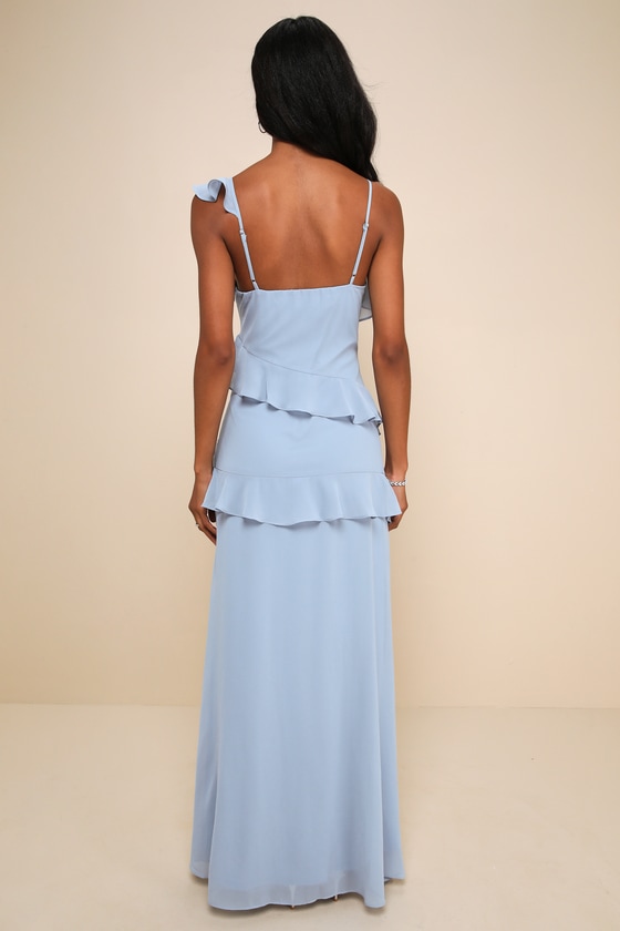Light Blue Gown - Ruffled Maxi Dress - Chiffon Ruffled Maxi
