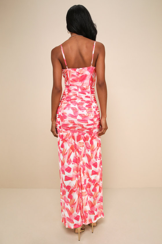 Lulus Vivid Appeal Pink Multi Print Ruched Bustier Mermaid Maxi Dress In Pink