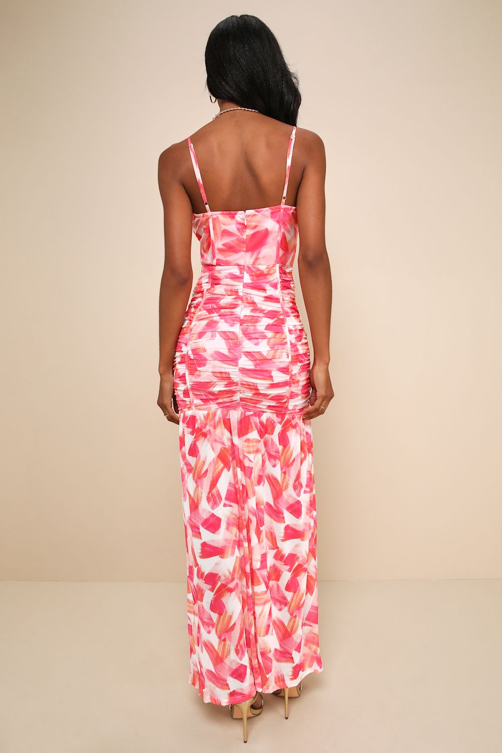Vivid Appeal Pink Multi Print Ruched Bustier Mermaid Maxi Dress