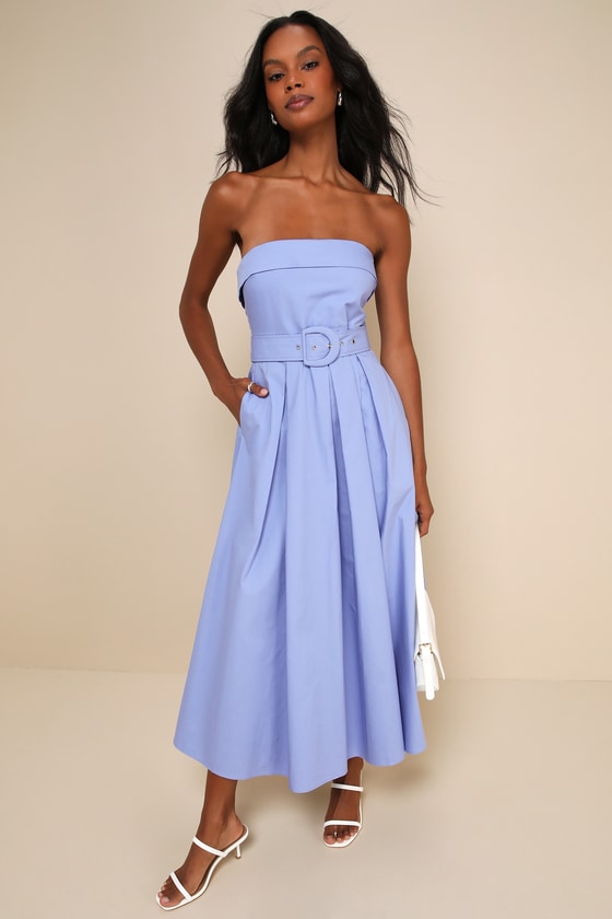 Lulus Trendsetting Choice Periwinkle Strapless Midi Dress With Pockets In Purple