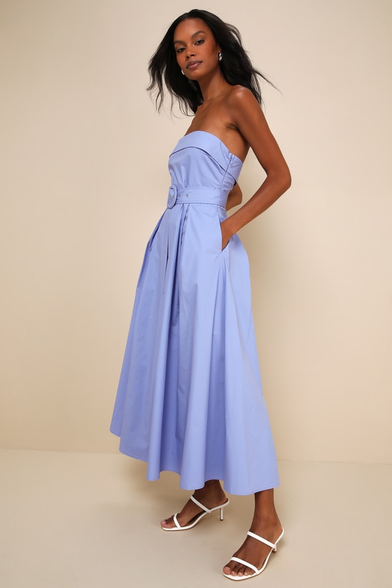 Lulus Trendsetting Choice Periwinkle Strapless Midi Dress With Pockets In Purple