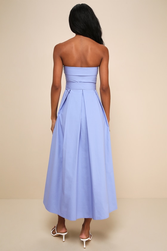 Lulus Trendsetting Choice Periwinkle Strapless Midi Dress With Pockets In Purple