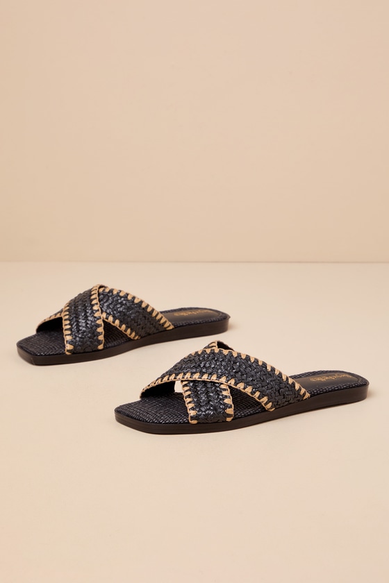 SEYCHELLES POMELO BLACK RAFFIA SLIDE SANDALS 