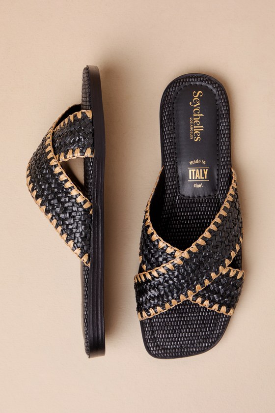 SEYCHELLES POMELO BLACK RAFFIA SLIDE SANDALS 