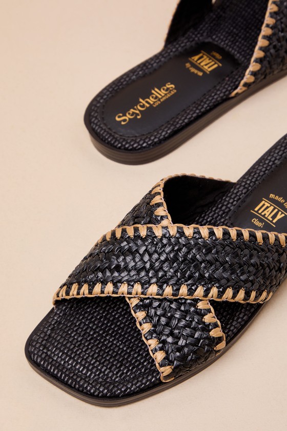 SEYCHELLES POMELO BLACK RAFFIA SLIDE SANDALS 