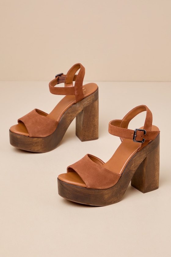 Lolita Leather Cognac Suede Wooden Platform Heels 5
