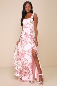 Love Me Forever Pink Floral Tie-Strap Square Neck Maxi Dress 1