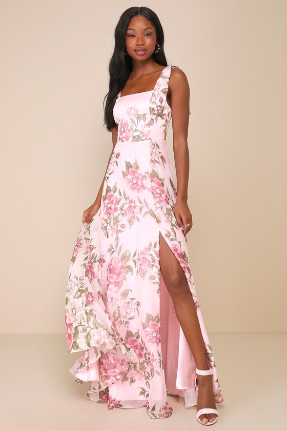 Love Me Forever Pink Floral Tie-Strap Square Neck Maxi Dress 1