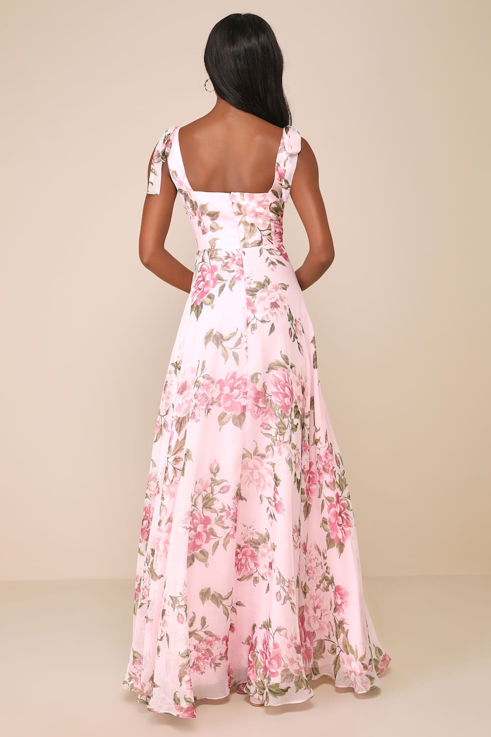 Love Me Forever Pink Floral Tie-Strap Square Neck Maxi Dress