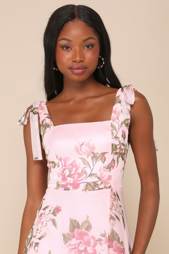 Lulus Love Me Forever Pink Floral Tie-strap Square Neck Maxi Dress In Pink