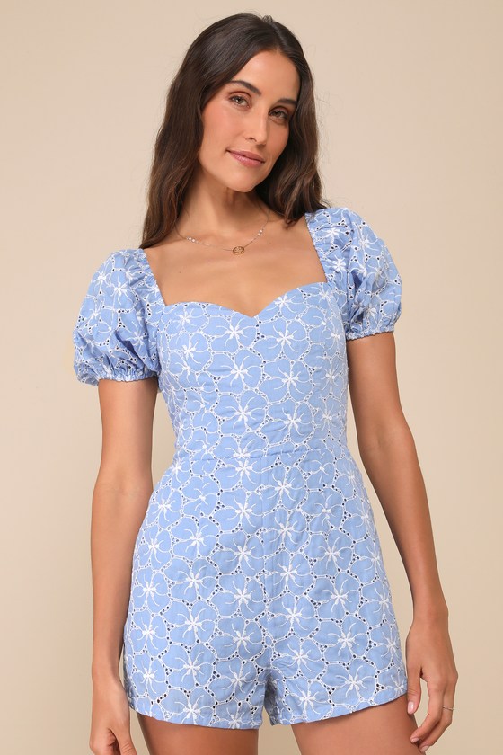 Lulus Summer Charm Blue Floral Eyelet Embroidered Puff Sleeve Romper In Blue