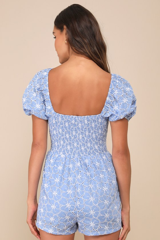Lulus Summer Charm Blue Floral Eyelet Embroidered Puff Sleeve Romper In Blue