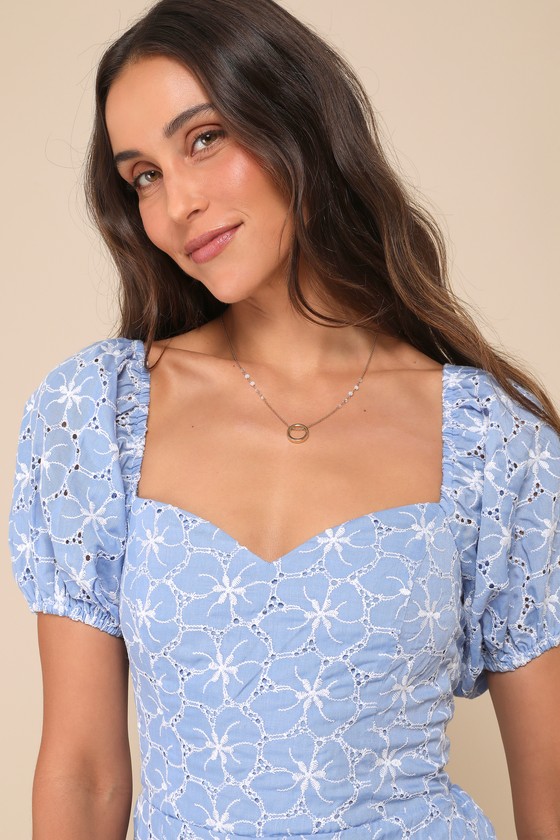 Lulus Summer Charm Blue Floral Eyelet Embroidered Puff Sleeve Romper In Blue
