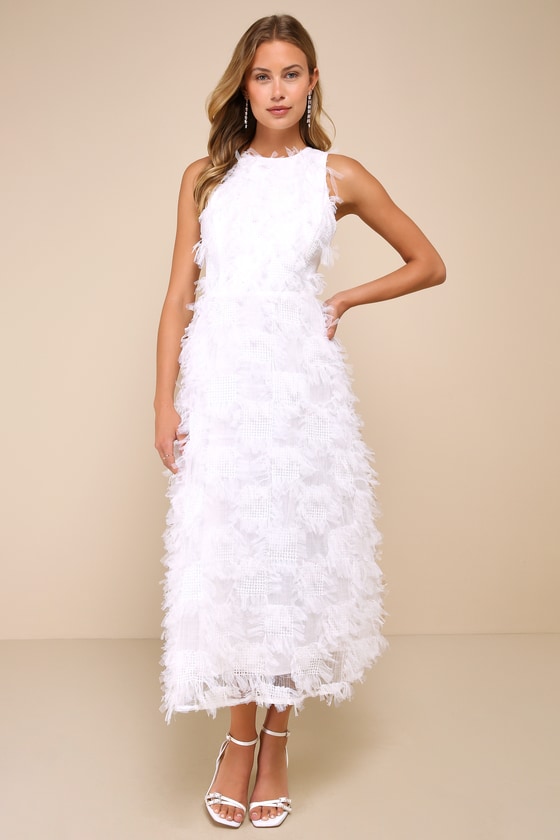 LULUS UNIQUELY DELIGHTFUL WHITE TEXTURED PATCHWORK BACKLESS MIDI DRESS
