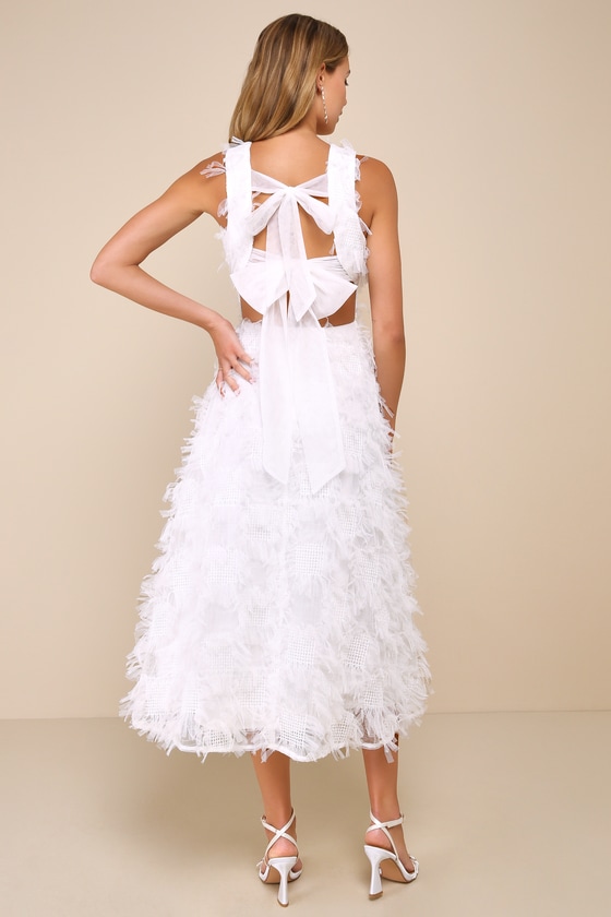 LULUS UNIQUELY DELIGHTFUL WHITE TEXTURED PATCHWORK BACKLESS MIDI DRESS